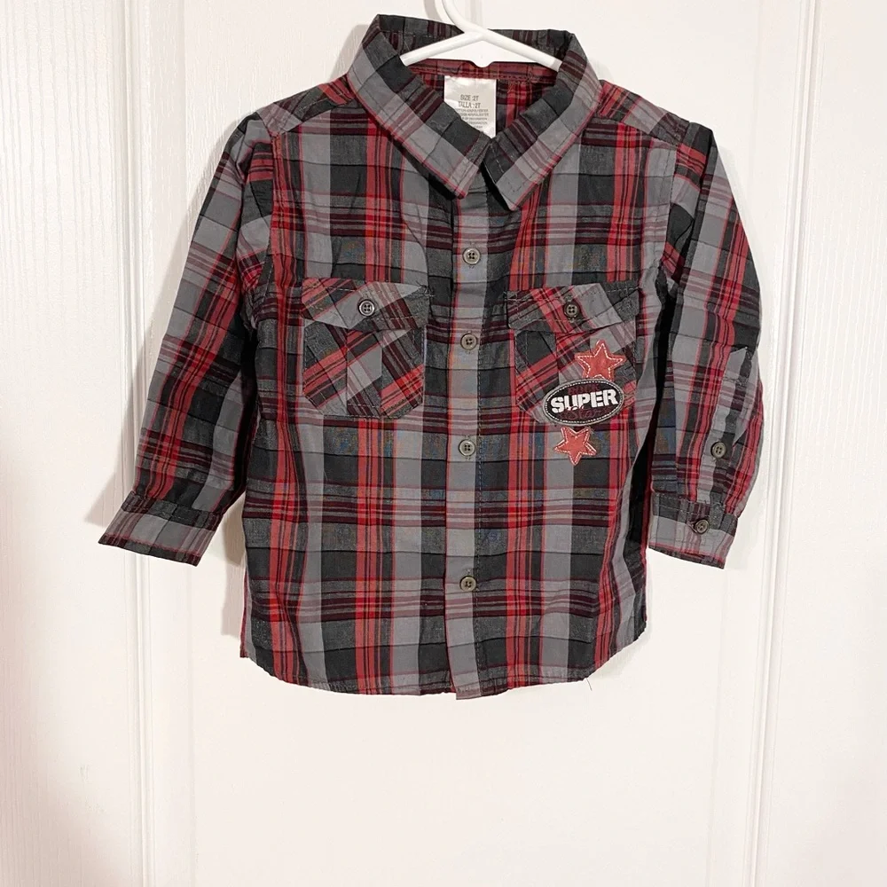 3 Pc Boy's 2T Clothing Lot Plaid Shirt Denim Shorts & New Disney Pixar Underwear